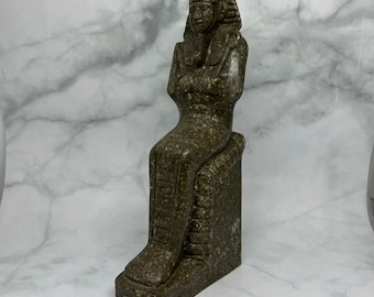 Vintage Egyptian Seated Pharaoh Figurine, Sculpture, Dark Green Cast Stone Resin, Hieroglyphs