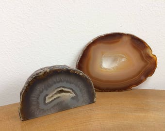 Polished Mineral Specimens - banded agate slice and cut geode pebble, with druzy crystals