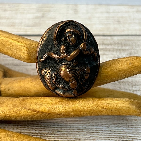 Unusual Antique Brooch, Figure In Deep Relief, Bronze Copper Finish, Moulded Bois Durci, Gutta Percha?