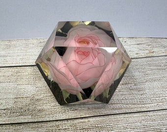 Vintage Lucite Paperweight, Encased Pink Rose, 14 Sided Polygon