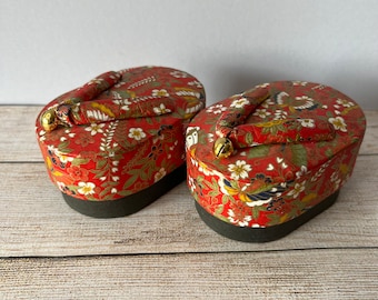 Pair Japanese Trinket Boxes, ‘Geta’ Shoes, Sandals, Red Flowers, Bells