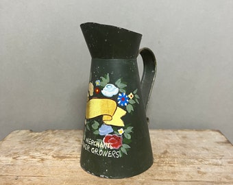 Vintage Small Hand Painted Aluminium Pitcher, Jug Vase, Folk Art Flowers and Scrolls