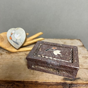 Vintage Indian Pietra Dura Inlay & Pierced Soapstone Trinket Box and Heart Shaped Pill Box