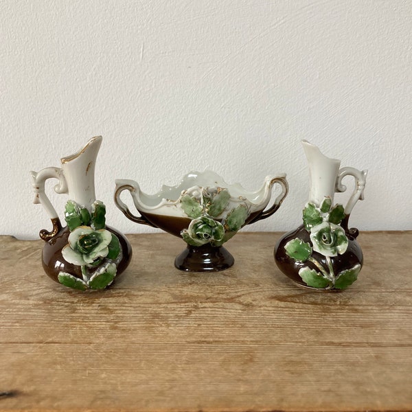 Antique Miniature Porcelain Garniture Set, Urn and Two Pitchers, Jugs, Applied Roses