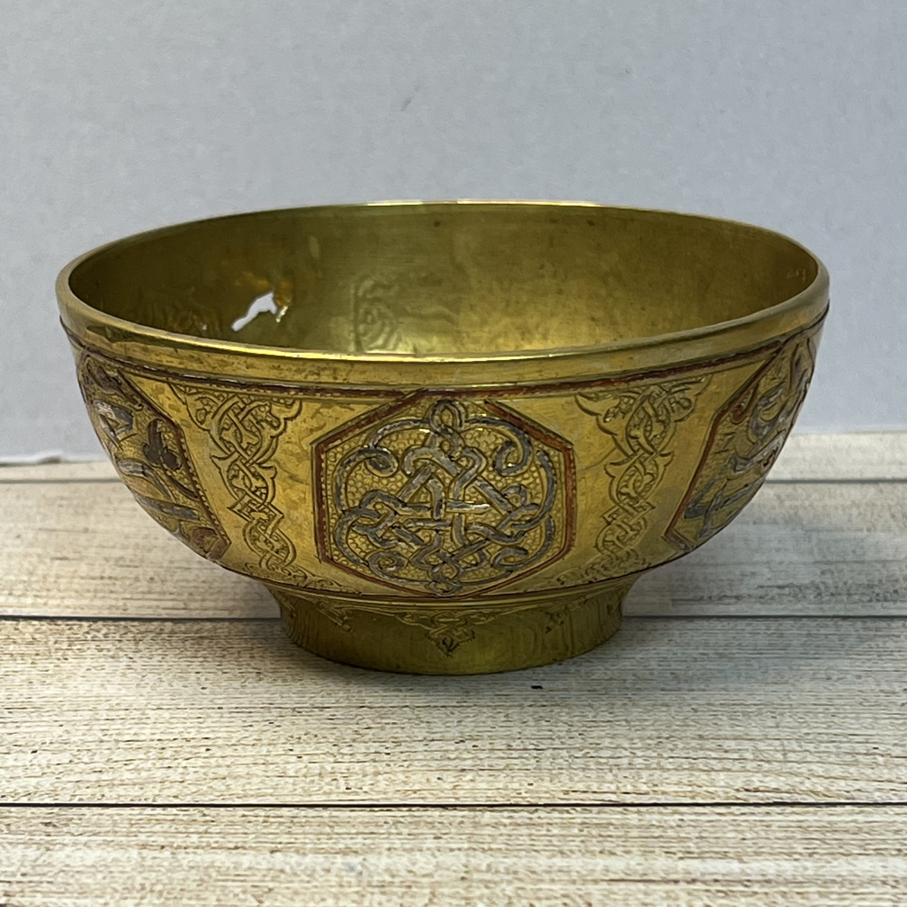 Vintage Cairo Ware Brass Bowl, Inlaid Silver and Copper