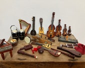 Vintage Collection of Miniature Musical Instruments, Hand Made, Carved, Painted, Polished Wood, for Display, Dollhouse