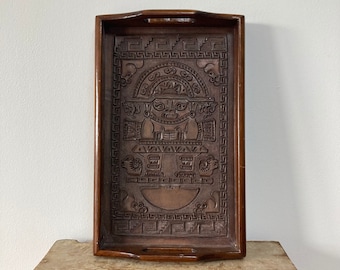 Vintage Tooled Leather & Wood Tray, Tumi Design, Peru, Vanity or Cocktail