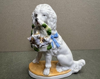Vintage, Antique Porcelain Poodle Wally Dog Figurine, with Basket of Gilded Puppies