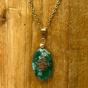 Vintage Jerusalem Cross on Green Stone Pendant Necklace, Gold Metal, Eilat Stone? with Chain