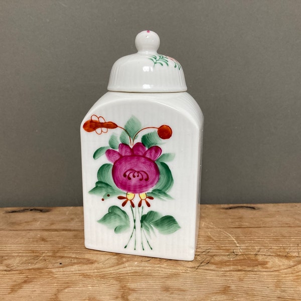 Vintage Hand Painted German Porcelain Tea Caddy, Jar, AW Ostfriedland, Foreign Import, Handgemalt Dekor, Exotic Pink Fuchsia Flower