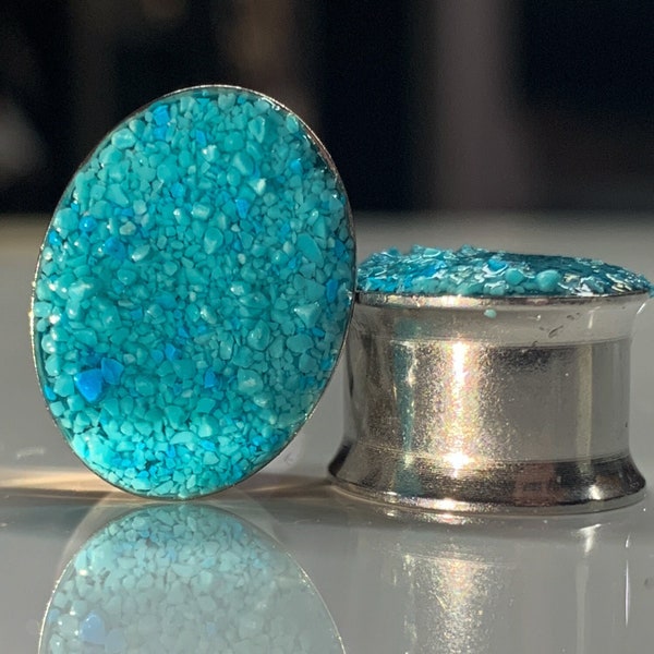 A pair of crushed oval turquoise plugs. Stone earplugs, Turquoise plugs, Stone plugs Light, beautiful & unique 8mm - 25mm