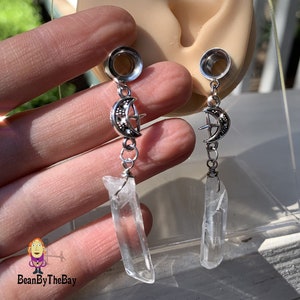 Gorgeous dangle crystal plugs, moon dangle ear tunnels stainless steel double flare ear plugs, 2g - 1”