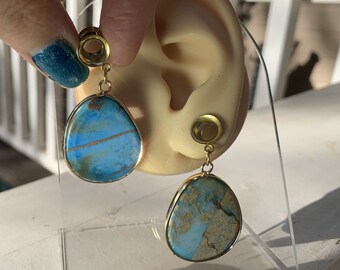 A Pair of Gorgeous and elegant gemstone dangle plugs, dangle ear tunnels stainless steel double flare ear plugs, 2g - 1”