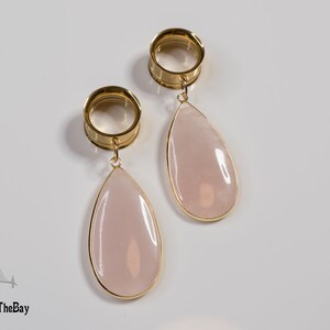 Gorgeous and elegant rose quartz dangle plugs, dangle ear tunnels stainless steel double flare ear plugs, 2g - 5/8"