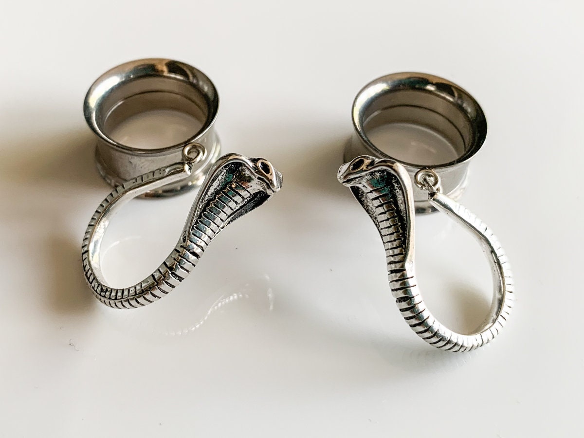 cobra dangle plugs, dangle ear tunnels stainless steel double flare ear