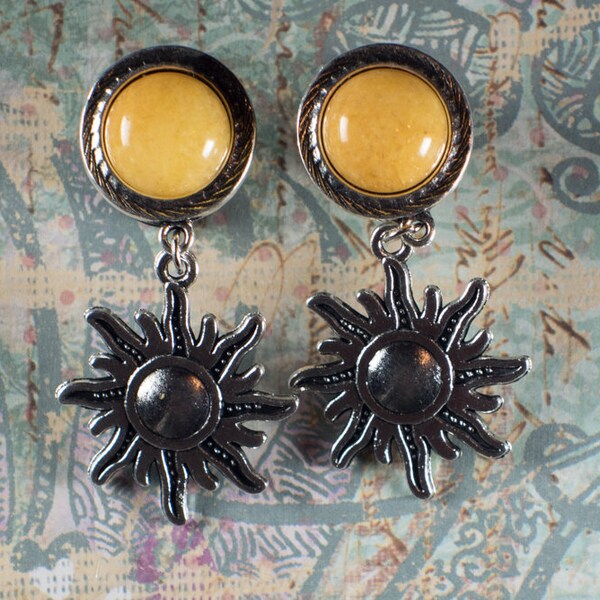 Gorgeous dangle sun plugs, stainless steel single flare ear plugs, 0g - 1/2"