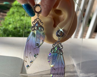 A Pair of Beautiful Fairy wings dangle plugs, dangle ear tunnels stainless steel double flare ear plugs, 2g (6mm) to 1 inch