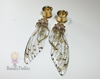 Beautiful Fairy wings dangle plugs, dangle ear tunnels stainless steel double flare ear plugs, 2g (6mm) to 1 inch