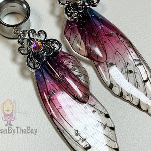 Beautiful Fairy wings dangle plugs, dangle ear tunnels stainless steel double flare ear plugs, 2g (6mm) to 1 inch