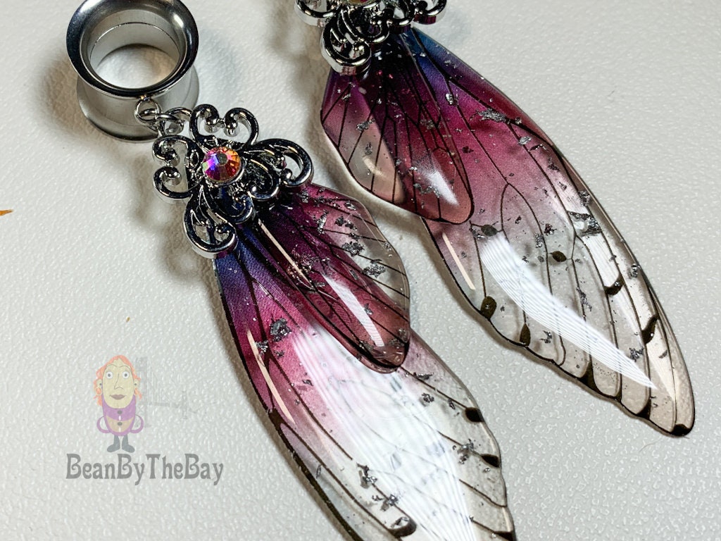 Beautiful Fairy wings dangle plugs, dangle ear tunnels stainless steel