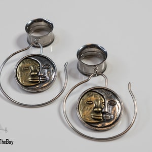 Gorgeous and elegant sun and moon dangle plugs, dangle ear tunnels stainless steel double flare ear plugs, 2g - 5/8"