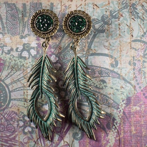 Gorgeous dangle peacock feather plugs, stainless steel single flare ear plugs, 0g - 1/2"
