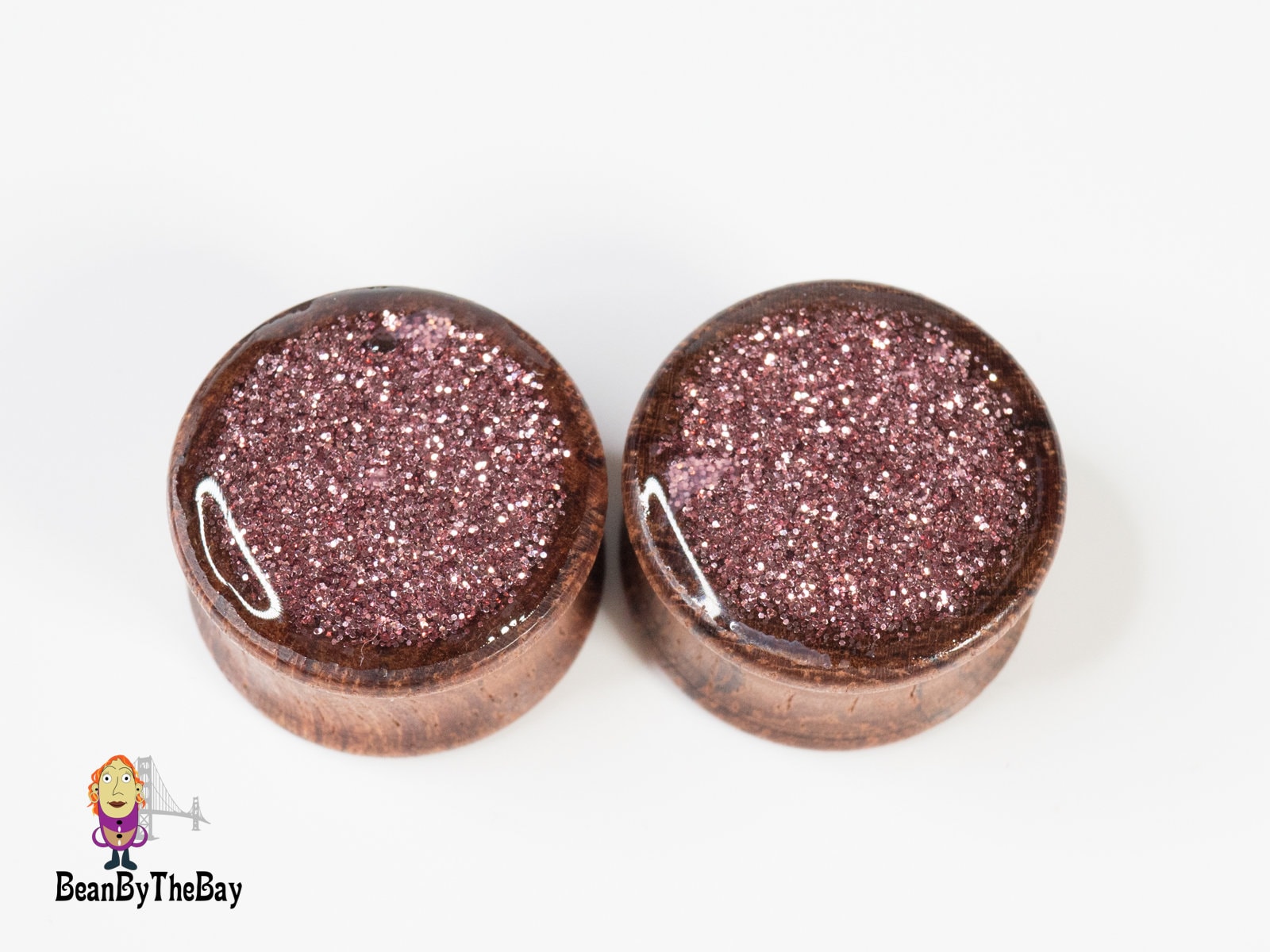 rose pink sparkly double flare wood ear plugs, 0g8mm 00g10mm