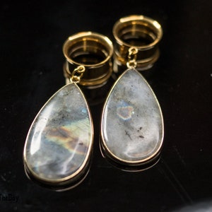 Gorgeous and elegant labradorite dangle plugs, dangle ear tunnels stainless steel double flare ear plugs, 2g - 5/8"