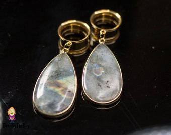 Gorgeous and elegant labradorite dangle plugs, dangle ear tunnels stainless steel double flare ear plugs, 2g - 5/8"