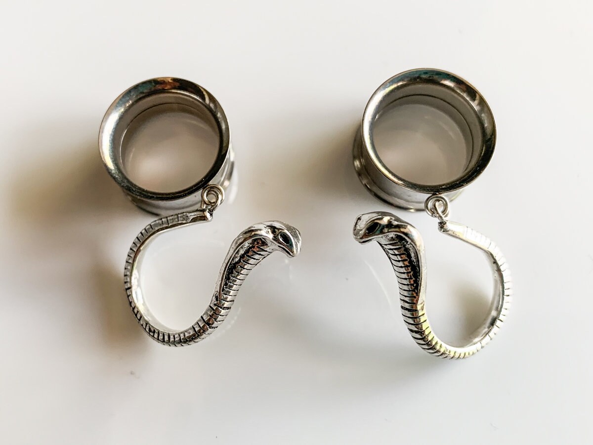 cobra dangle plugs, dangle ear tunnels stainless steel double flare ear