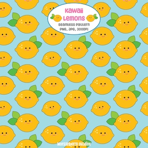 Niedliche Kawaii Smiley Zitronen Nahtlose Muster, Glückliche Früchte Digitales Papier PNG, Pastell Zitrus Clipart für Stoff Druck Scrapbook & Sublimation