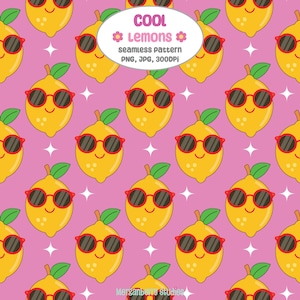 Coole Zitronen Nahtloses Muster Set, Spaß Sommer Obst Nahtloses Muster Digitales Papier, Sonnenbrille Zitrone Sublimation PNG, Sommer Zitrone Muster