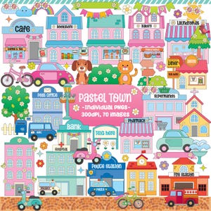 Conjunto de clipart de criador de cidade retrô fofo, conjunto de clipart de criador de cidade pastel, clipart de edifícios excêntricos, criador de vila, casas desenhadas à mão PNG