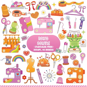 Groovy Retro Sewing Clipart Set, Vintage Sewing Elements PNG, Sewing Scrapbooking & Sublimation Graphics, Sewing Machine Printables Crafting