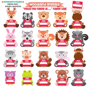 Clipart d'étiquettes de nom d'animal de la forêt, étiquettes de nom « Hello My Name is » pour un usage commercial, animaux de la forêt mignons pour la classe, badges nominatifs imprimables