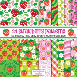 Strawberry Seamless Pattern Set | Cute Strawberry Surface Pattern for Fabric Printing Sublimation, Strawberry Digital Paper PNG & JPG Files
