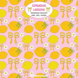 Kokette Bögen & Zitronen Nahtloses Muster, Rosa ästhetisches Sommerfrucht-Wiederholungsmuster, niedliches Cottagecore-Muster Sublimation PNG sich wiederholender Bögen