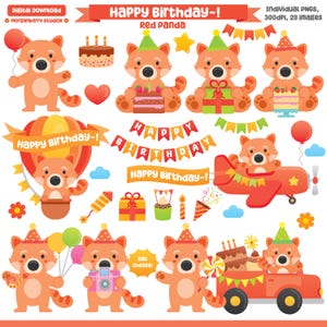 Imágenes prediseñadas de cumpleaños lindas, pegatinas de cumpleaños de panda rojo, imágenes prediseñadas comerciales, decoración de fiesta de cumpleaños, imágenes prediseñadas de cumpleaños, invitación de tarjeta de cumpleaños