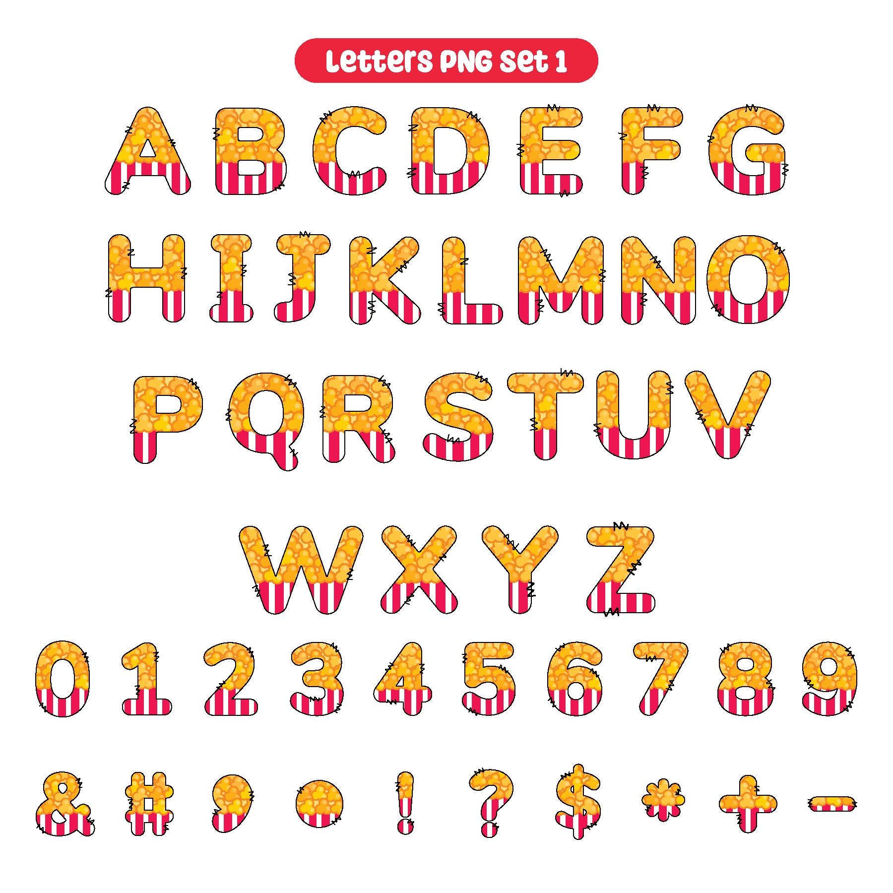 Popcorn Alphabet Clipart, Carnival Alphabet AZ, Movie Night Clipart