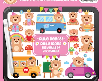 Goodnotes Stickers, Cute Bear Digital Stickers, Daily Icon Stickers, Woodland Animals Clipart, Kawaii Clipart, Bear Clipart, Pre-cropped PNG