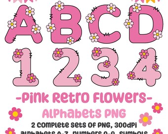 Retro Blumen Alphabet PNG Clipart: Rosa Doodle Buchstaben (Digitaler Download)