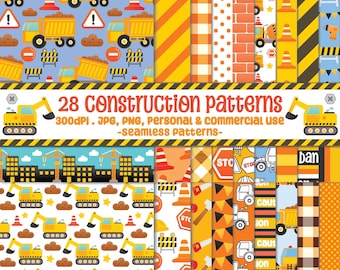 Construction Vehicles Seamless Pattern, Construction Digital Paper with Diggers Dump Trucks for Sublimation Scrapbooking Fabric and Nursery