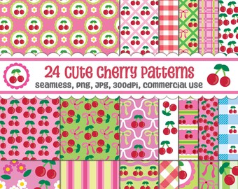 Cute Cherry Seamless Pattern Digital Paper, Cherry Background Scrapbook Paper Cherry Fabric Print, Instant Download Commercial Use Pattern
