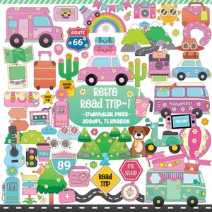 Retro Road Trip Clipart, Cute Road Trip PNG, Road Trip Party, Travel Clipart PNG, Travel Road Trip Scrapbook Sticker, Route 66 PNG Sticker