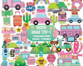 Retro Road Trip Clipart PNG, Scrapbook Stickers (Digital Download)