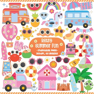 Retro Summer Clipart, Cute Summer Clipart, Beach Clipart, Summer Stickers, Beach Birthday Party, Groovy Summer PNG, Scrapbook Stickers PNG