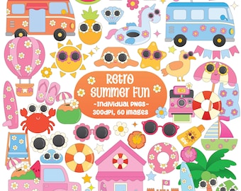Retro Summer Clipart: Groovy Beach Stickers PNG (Digital Download)