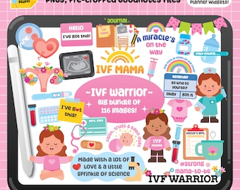 May include: A set of digital planner stickers featuring illustrations related to IVF, including a uterus, a baby in a crib, a syringe, a pregnancy test, and a doctor's appointment reminder. The stickers are in a pink and white color scheme and have a cute, cartoon style. The text "IVF Warrior" and "IVF Mama" is included in the image.