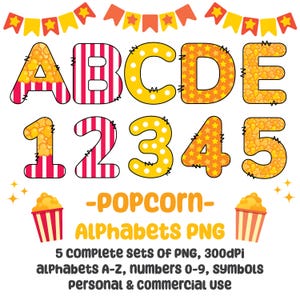 ポップコーン アルファベット クリップアート、カーニバル アルファベット A-Z、映画ナイト クリップアート、映画館 クリップアート、ポップコーン文字、ビンテージ映画 シネマ クリップアート