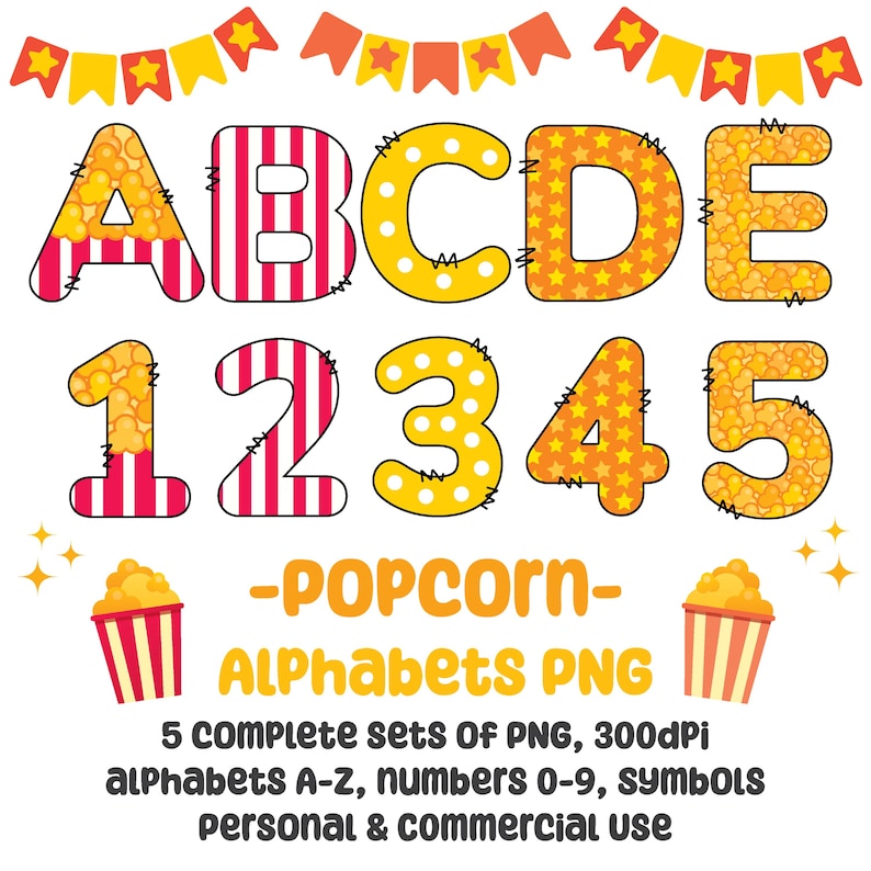 Popcorn Alphabet Clipart, Carnival Alphabet AZ, Movie Night Clipart